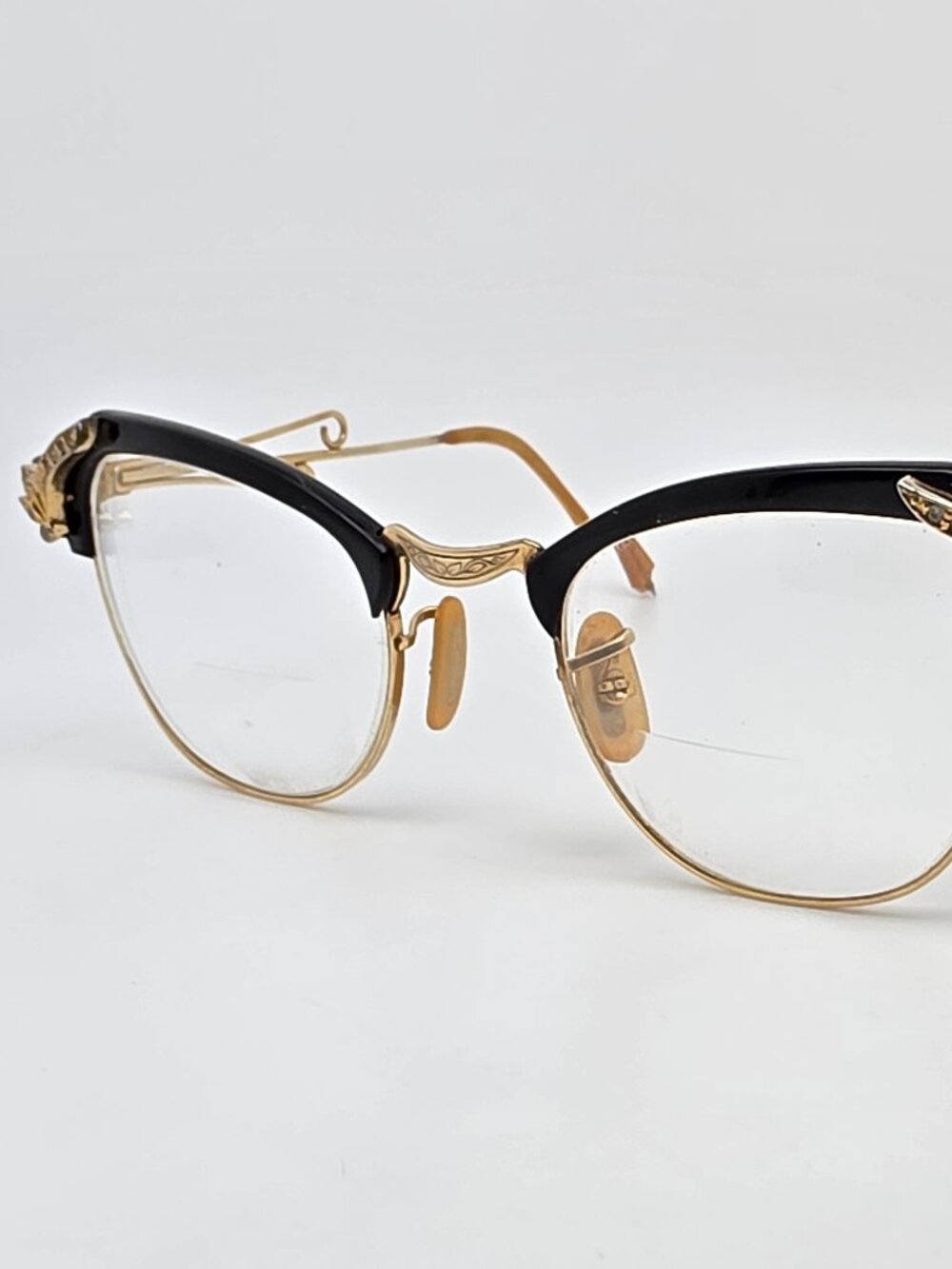 Bausch & Lomb Vintage 1950s 12K Gold Filled Jeweled Cat Eye Eyeglasses 46-22-117